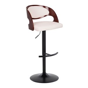 Tabouret de bar réglable Pino Mid Century Modern avec base pivotante en métal noir et bois de cerisier, revêtement en similicuir blanc et repose-pieds arrondi en forme de T - Product Image 2