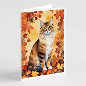Cymric Cat in Fall Leaves Whimsical A7 Tarjetas de notas en blanco Paquete de 8 con sobres Tarjetas de felicitación de tamaño 5x7 - Product Image 1