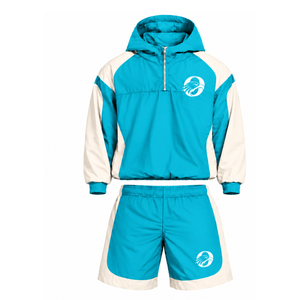 Mens Cyan Nylon Quarter Zip <b>Hoodie</b> Shorts Set Two Tone Lightweight Athletic Fitness <b>Running</b> Training Casual Sports Outfit - Product Image 1