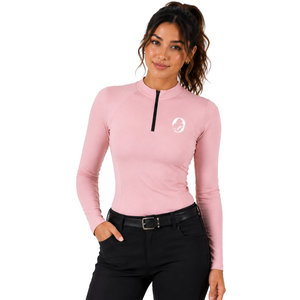 Camiseta de equitación de manga larga para mujer, color rosa bebé, con cremallera de un cuarto, elástica, transpirable y de alto rendimiento. - Product Image 1