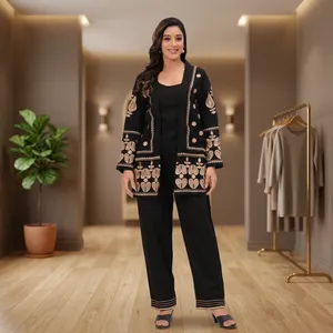 Ensemble 3 pièces en coton noir brodé pour femmes, manches longues, coupe ample, décontracté, à porter toute l'année - Product Image 1