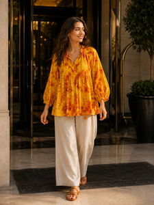Boho Mustard Tie Dye Printed <b>Tunic</b> Top Women V-Neck Collar Loose <b>Beach</b> Wear Casual Peplum Shirts Summer Boho Blouse Cotton - Product Image 6