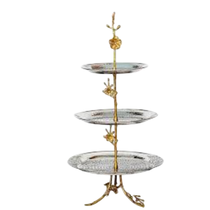 Hot Selling Marvelous Design 2 Tier Stainless Steel & Brass Cake Stand With Hammered Finish And Decorative Leaf For Party Events - Product Image 2