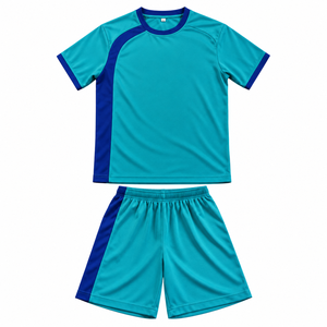 Tenue de football sublimée bleu turquoise à blocs de couleur, 100 % polyester, anti-humidité, manches courtes, coupe classique pour homme - Product Image 1