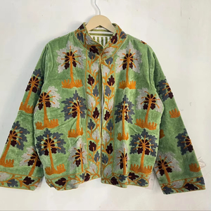 Boho <b>Light</b> Green Velvet Suzani <b>Jacket</b> Palm Tree Embroidery <b>Women</b> Ethnic Handmade Vintage Short Coat Outerwear - Product Image 1