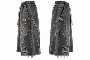 Shorts longs personnalisés 3/4 |   Shorts en molleton français délavé et usé, style streetwear |   Fabricant de vêtements en marque privée OEM/ODM - Product Image 3