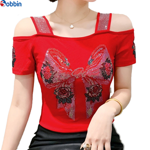 Camiseta de Mujer Estilo Dulce con Hombros Descubiertos, Top Sólido con Pedrería Colorida, Manga Corta, Cuello Cuadrado, Ajuste Delgado - Product Image 4