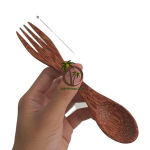 Ensemble de couverts en bois, cuillère, fourchette, baguettes, en noix de coco, écologique, réutilisable, style vintage, camping, bol en noix de coco, vaisselle - Product Image 3