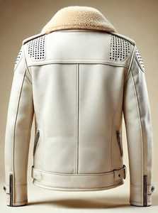 Blouson en cuir pour homme avec col en fausse fourrure et fermeture éclair - Product Image 6