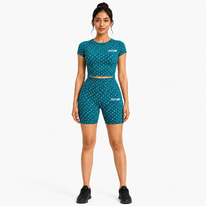Conjunto de Yoga de 2 Piezas para Mujer, Estilo Moderno, Top Corto de Manga Corta con Estampado de Lunares, Pantalones Cortos Deportivos, Ropa Deportiva para Gimnasio, Traje Deportivo - Product Image 4