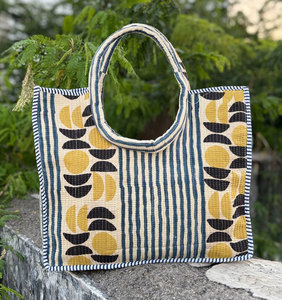 Cotton Quilted Round Handle Bag for Women Stylish Lightweight Padded Circular Handbag - Product Image 1