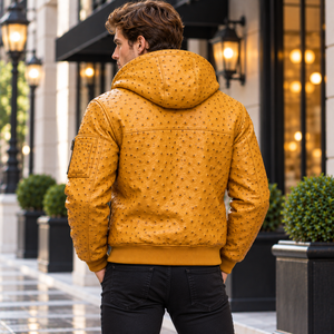 Men’s Embossed Ostrich Leather Hooded Bomber <b>Jacket</b> | Premium Exotic Leather <b>Zip</b>-<b>Up</b> <b>Jacket</b> for Men | Motorcycle Outerwear - Product Image 4