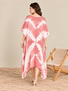 Robe Bohème Tie-Dye d'Été Mi-Longue à Ourlet Asymétrique et Manches Chauve-Souris Ample en Viscose – Parfaite pour la Plage - Product Image 2