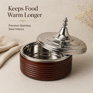 Casserole en bois personnalisée avec couvercle en acier inoxydable |   Chauffe-plat isotherme artisanal pour service et cuisson en cuisine - Product Image 1