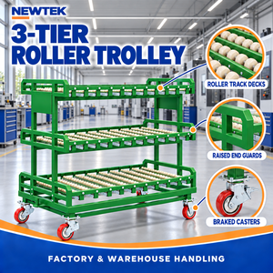 3-Tier Green Steel Roller <b>Trolley</b> with Four Braked Casters for Industrial Warehouse - Product Image 3