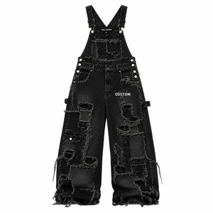 Custom Printed Women's Black Denim Overalls Loose Fit Full Length Ripped <b>Pockets</b> Punk Wide Leg Style Street Wear - Product Image 1