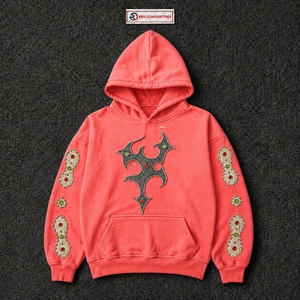 Sudadera con Capucha Gótica Rosa Coral con Diseño de Cruz con Tachuelas y Mangas Adornadas con Pedrería, Sudadera Unisex Estilo Urbano Informal - Product Image 5