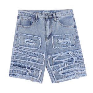 Pantalones Cortos de Mezclilla para Hombre, Lavado Oscuro, Cintura Media, Pierna Recta, Algodón, Estilo Casual de Verano, con Bolsillos, Desgastados, Tejido Resistente - Product Image 1