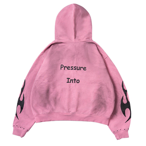 Custom <b>Pink</b> Tie Dye Zip-Up Hoodie Men's Oversized Streetwear <b>Sweatshirt</b> Flame Print Studs Front Logo Autumn Knitted 350grams - Product Image 3