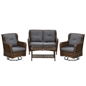 4-Piece All-Weather PE Rattan Garden Patio Set Gray Sofa with 2 <b>Swivel</b> Rocking Chairs and 2-Tier Glass <b>Table</b> - Product Image 1