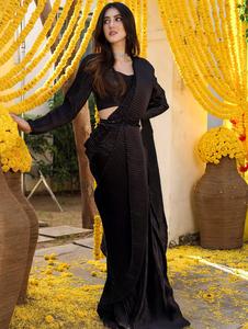 Sari Negro Plisado Pre-Drapeado |   Elegante Saree Brillante Listo para Usar con Pallu de Diseñador |   Sari fruncido para fiesta de noche de verano - Product Image 5