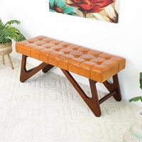 Banc capitonné de luxe fait main en cuir véritable et bois de teck massif, 47 pouces, moderne, pour entrée, chambre ou salle à manger, idéal pour la maison ou l'hôtel