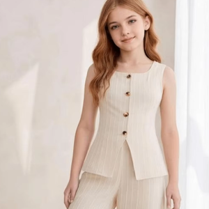 Girls Pinstripe <b>Waistcoat</b> & Wide Leg <b>Trouser</b> 2 Piece <b>Set</b> Tailored Coord Coordinated <b>Set</b> - Product Image 1