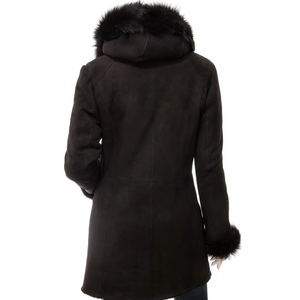 Women's <b>Black</b> Shearling <b>Jacket</b> With Fur Trim Hood Zipper Closure Regular Fit Winter Coat Full Sleeve <b>Suede</b> Outerwear - Product Image 3