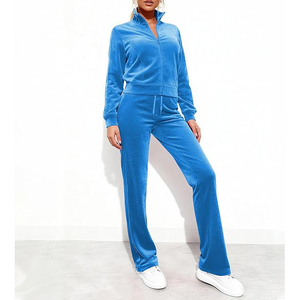 Conjunto de pantalones jogger con puños, material afelpado suave, cremallera frontal completa, dos bolsillos, cintura con cordón, top corto de terciopelo, chándal - Product Image 2