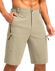 Men's Orange Cargo Shorts Elastic Waist Quick Dry Bermuda Shorts With Zip Pockets Casual Style Solid Color Woven Fabric Shorts - Product Image 5