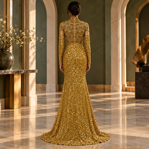 Gold Floral <b>Sequin</b> Mermaid Gown with High Neck and Sheer Sleeves | Floor Length Formal Dress with Beaded Bodice and Flared Hem - Product Image 4