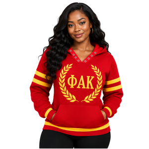 Sudadera con capucha PDK para mujer, roja y dorada, con corona de laurel, letras griegas, cuello en V, estilo universitario, manga a rayas, para hermandades - Product Image 1