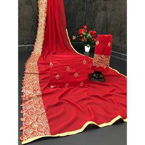 FASHIONABLE GEORGETTE SEQUENCE EMBROIDERY WORK SAREE WITH UNSTITCHED <b>BLOUSE</b> <b>RED</b> - Product Image 1