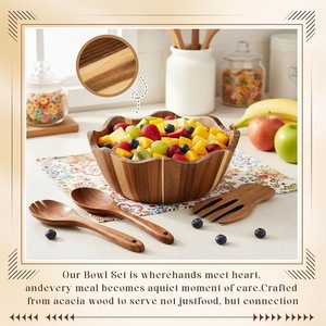 Bol de service en bois d'acacia naturel, fait main, en bois massif, pour salade, fruits, mélange, vaisselle rustique pour la cuisine, la maison, le restaurant - Product Image 1