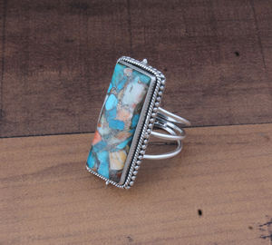 Vente en gros d'anneaux de mariage classiques à trois couches en argent sterling 925 avec turquoise cuivrée naturelle et nacre épineuse, cadeau pour femmes - Product Image 1