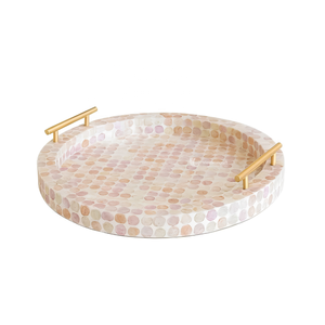 Round Pink Mother of Pearl Inlay Tray, Mosaic Shell Decorative Tray with Gold Handles, <b>Vanity</b> Organizer & <b>Table</b> Centerpiece - Product Image 1