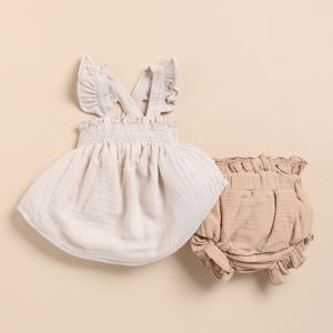 Organic Muslin Sleeveless Frill Top and Bloomer <b>Set</b> Premium Quality Oatmeal + Latte Baby Clothing - Product Image 1