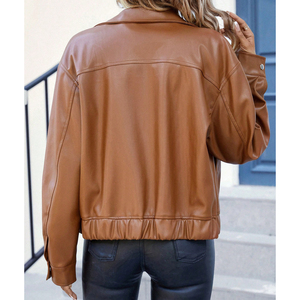 Brown PU Leather Windproof Motorcycle <b>Bomber</b> <b>Jacket</b> Women Full Sleeve Spread Collar Zipper Closure Winter Solid Color Regular - Product Image 2
