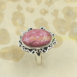 Natural Pink Rhodonite Gemstone <b>Ring</b> 925 Sterling Silver Handmade Vintage Oval Cabochon Gemstone <b>Boho</b> Statement Jewelry Gift him - Product Image 6