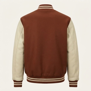 <b>Men's</b> Varsity <b>Jacket</b> Brown <b>Cream</b> Sleeve Stand Collar Button Closure Casual Autumn Wear Lightweight Baseball Bomber Outerwear Top - Product Image 2