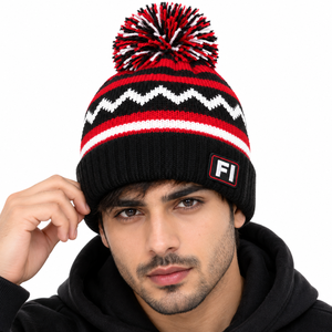 Bonnet unisexe haut de gamme en tricot à motif avec pompon, logo en caoutchouc personnalisé, bonnet d'hiver chaud à revers plié, chapeau tendance, fournisseur B2B en gros aux États-Unis - Product Image 1
