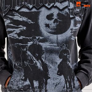 Wholesale <b>Men's</b> <b>Black</b> Hooded <b>Sweatshirt</b> With Skull And Cowboy Print Regular Fit Casual Streetwear Hoodie For Unisex - Product Image 5