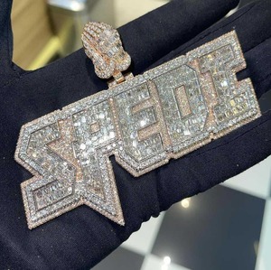 Elegant Spede Moissanite Baguette Customized <b>Name</b> <b>Plate</b> Iced Charm Pendant Rappers Rhodium Plated Sterling Silver Channel Set - Product Image 1