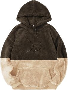 Sudadera con capucha de forro polar para hombre, en bloques de color negro y beige, corte regular, informal, para invierno, con bolsillo frontal. - Product Image 1