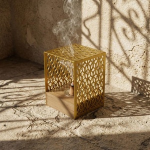 <b>Laser</b>-Cut Metal <b>Cube</b> Incense Burner - Geometric Patterned Screen With Wooden Base. Modern Arabic Decor For Home & Ramadan - Product Image 6
