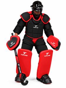 Ensemble d'équipement de gardien de but de hockey sur gazon TOPLINE : Casque, protections de poitrine et de jambes, rouge et noir, équipement de protection pour l'entraînement - Product Image 1