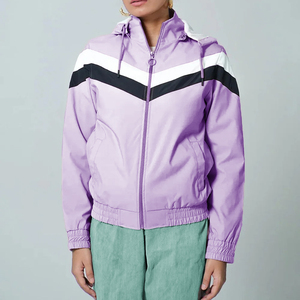 Purple Unisex Hooded <b>Racer</b> <b>Jacket</b> Zipper Closure Sporty Color Blocking Windproof Regular Fit Spring Season Polyester Shell - Product Image 1