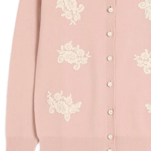 Cardigan d'hiver épais en laine/cachemire brodé rose et ivoire avec col, manches longues et boutons perlés - Product Image 2