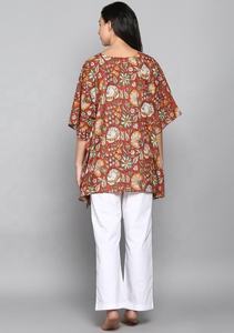 100% coton marron bloc de main imprimé fleuri caftan blanc pyjama ensemble écologique longueur au sol taille naturelle pour l'été - Product Image 4