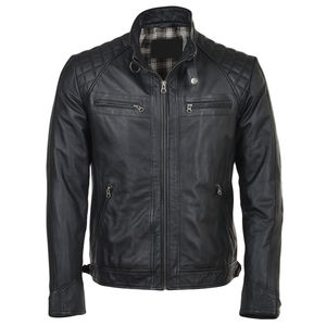 Chaqueta de Cuero para Hombre, Estilo Motociclista, con Bloques de Color, Cierre de Cremallera Retro, Diseño con Letras, Mangas Largas y Bolsillos, Popular en Otoño - Product Image 1